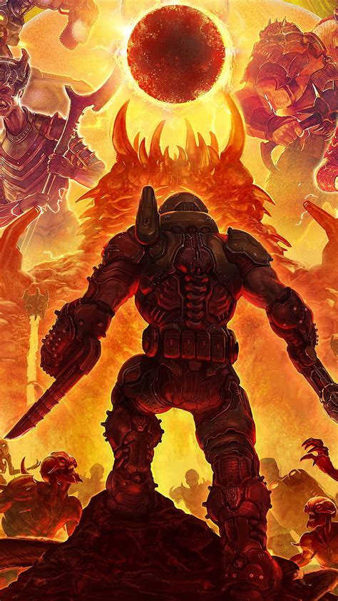 Doom Eternal póster Doomguy monstruos teléfono y Mocah iPhone