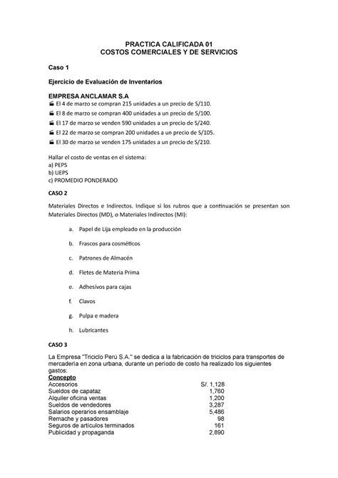 Practica Calificada 01 PRACTICA CALIFICADA 01 COSTOS COMERCIALES Y DE