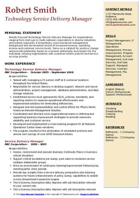 Service Delivery Manager Resume Samples Qwikresume