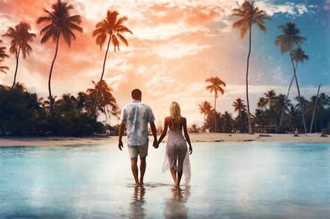 Um casal andando de mãos dadas na praia um fundo tropical realista