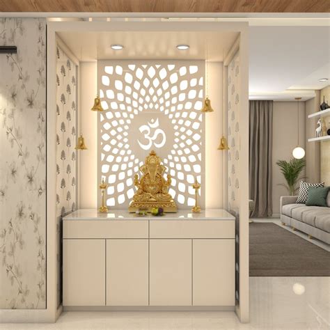 Compact White Pooja Room Design With Patterned Jali Livspace