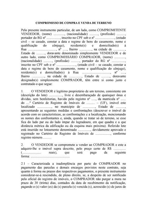 Compromisso DE Compra E Venda DE Terreno Modelo COMPROMISSO DE