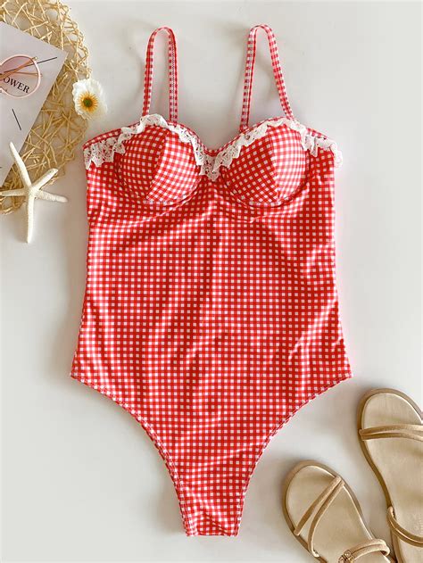 Gingham Lace Trim Push Up One Piece Swimsuit Shein Usa