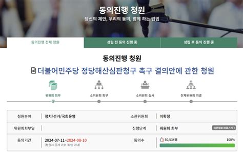 민주당 해산·정청래 제명 청원 5만 명 넘겼다심사요건 충족 네이트 뉴스