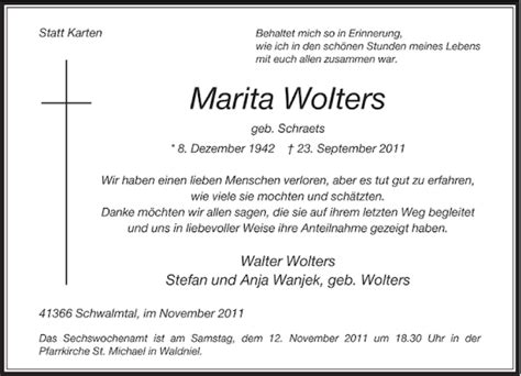 Alle Traueranzeigen für Marita Wolters trauer rp online de