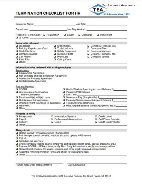 Termination Checklist Template Prewrite