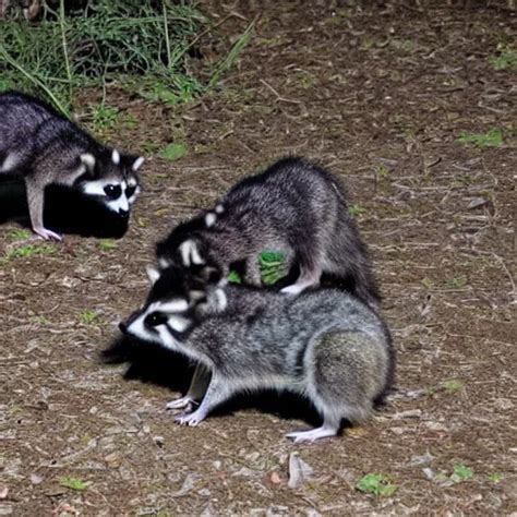 Night Vision Picture Of Raccoons Rummaging Through A Stable Diffusion