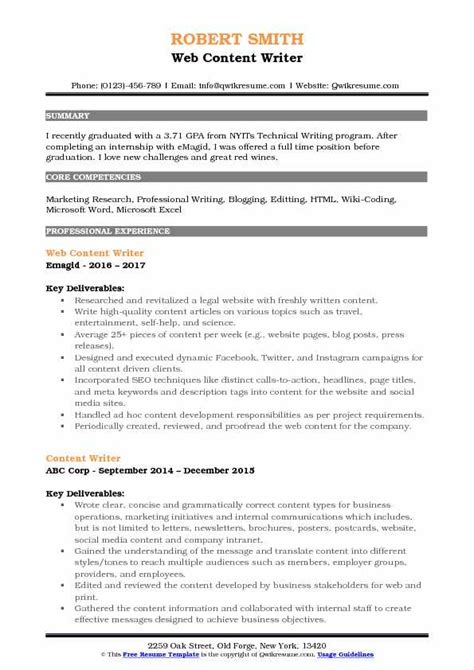 Web Content Writer Resume Samples Qwikresume