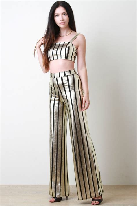 Striped Metallic Crop Top With Palazzo Pants Set Metallic Crop Top