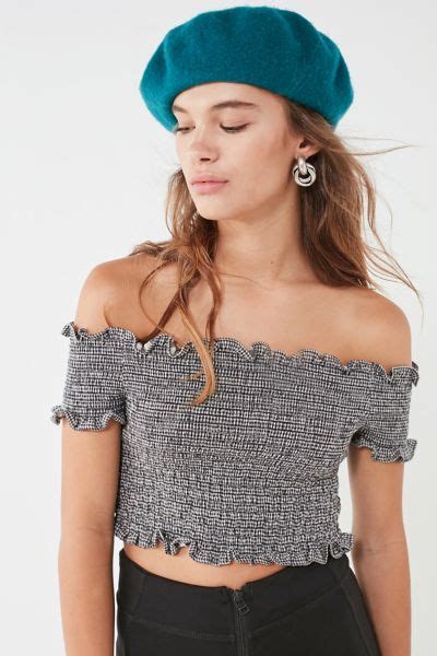 Ecote Smocked Cropped Bardot Top Urban Outfitters