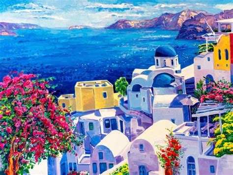 Original Oil Painting On Canvas Greek Scenery Blue Sea And White