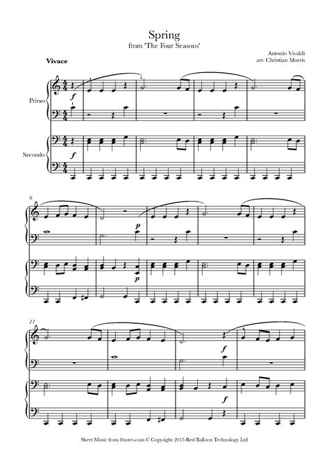 Vivaldi Spring From The Four Seasons Sheet Music For Piano Duet