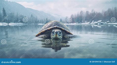 A Turtle In A Freezing Cold Lake Stock Illustration Illustration Of