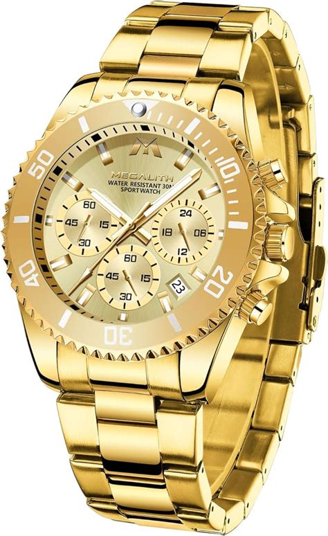 Megalith Mens Watches Gold Stainless Steel Analog Wrist Watch Luxury