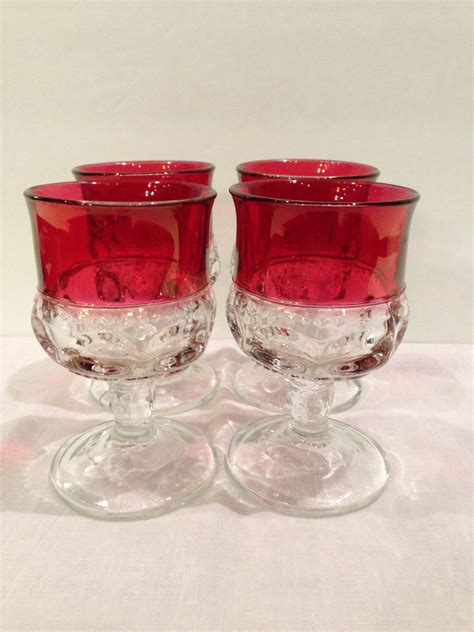 Vintage King S Crown Ruby Thumbprint Stemmed Glasses Set Etsy Pattern Glass Mason Jar Wine