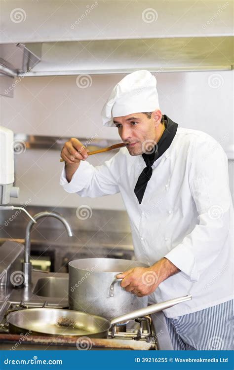 Male Cook Tasting Food In Kitchen Stock Image Image Of Male Adult