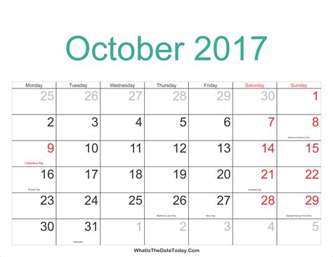 October 2017 Calendar Printable With Holidays Whatisthedatetodaycom