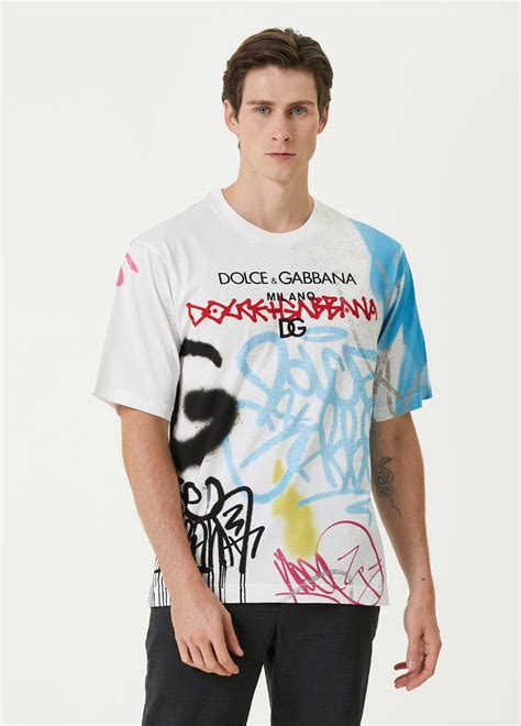 Dolceandgabbana Beyaz Graffiti Logo Baskılı T Shirt Çok Renkli