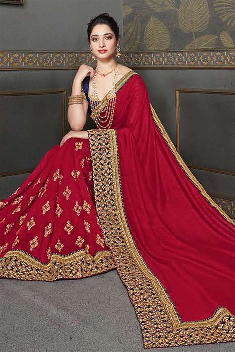 Buy Crimson Red Zari Embroidered Silk Saree Online Like A Diva