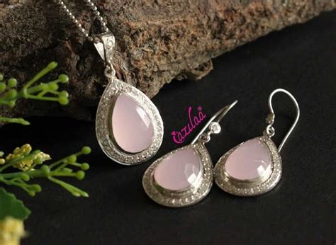 Pink Rose Quartz Sterling Silver Gemstone Handmade Necklace Set At