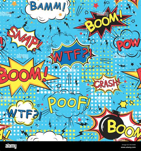 Collection Of Multicolored Comic Sound Effects Over Blue Stock Vector