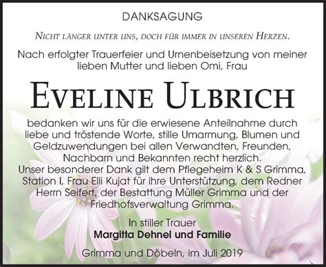 Traueranzeigen Von Eveline Ulbrich Trauer Anzeigen De