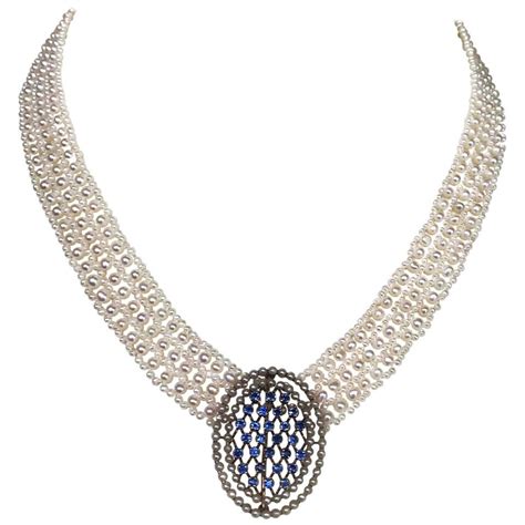 Marina J V Shape Woven Multi Stand Seed Pearl Necklace With 14k Gold Clasp For Sale At 1stdibs