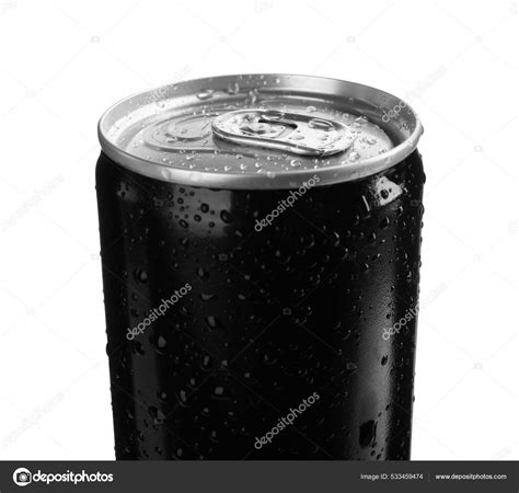 Black Can Energy Drink Water Drops Isolated White Closeup Mockup