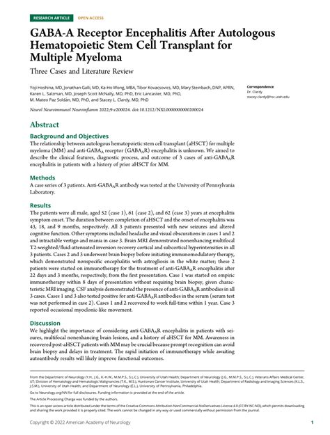 Pdf Gaba A Receptor Encephalitis After Autologous Hematopoietic Stem Cell Transplant