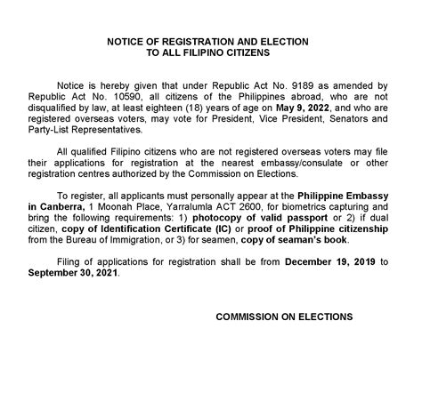 Notice Of Registration And Election To All Filipino Citizens Philippine Embassy Of Canberra