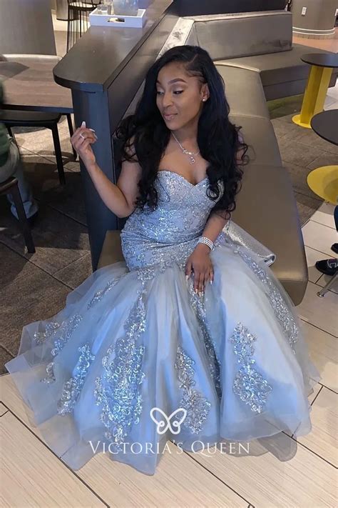 Glitter Lace Appliqued Ice Blue Satin Tulle Prom Gown Vq