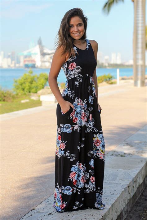 Black Floral Racerback Maxi Dress With Pockets Maxi Dresses Saved