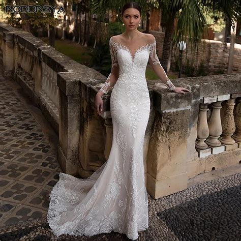 Abito Da Sposa A Sirena In Pizzo Illusion Con Scollo A V Maniche Lunghe