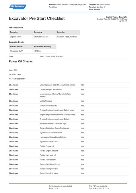 Pre Start Checklist For Machinery Template Use The Free Template