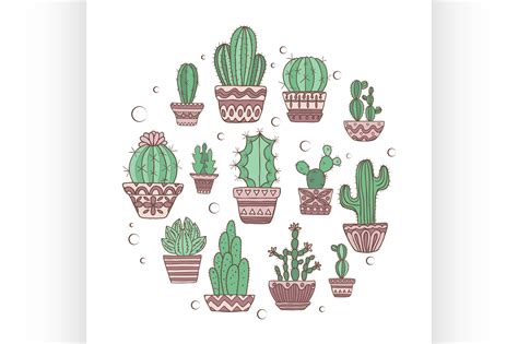 Cute Hand Drawn Vector Cactuse Set By Netkoff TheHungryJPEG