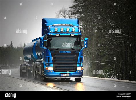 SALO FINLAND FEBRUARY 14 2016 Blue Scania R500 Tank Truck On Foggy