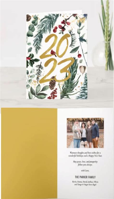 Elegant Gold 2023 Festive Pine Bough Floral Photo Holiday Card Zazzle