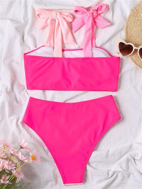 Colorblock Bikini Woman Tie Shoulder Swimsuit High Waist Swimwear Women Bathing Suits Straps