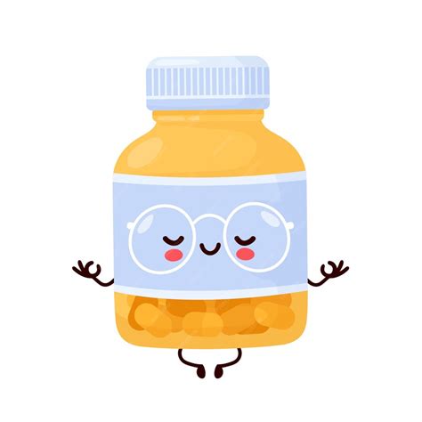 Premium Vector Cute Happy Funny Pill Bottle Meditate Cartoon Character Illustration Icon