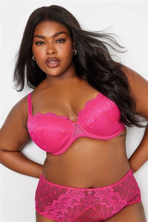 Yours Plus Size Hot Pink Dot Print Lace Padded Bra Yours Clothing