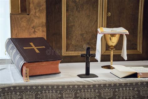 Catholic Symbols Composition The Bible Cross And Golden Chalice On