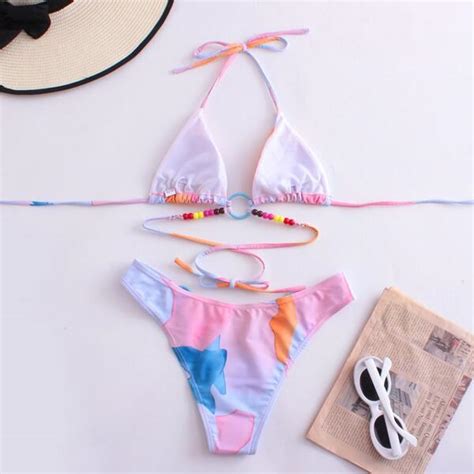 Colorblock Ring Linked Halter Micro Triangle Bikini Swimsuit Shein Usa