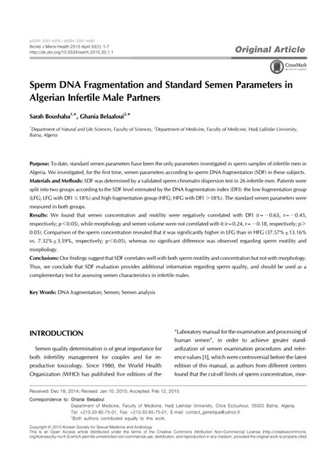 Pdf Sperm Dna Fragmentation And Standard Semen Parameters In Algerian