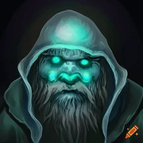 Undead Hooded Dwarf With Teal Glowing Eyes And White Beard In A Fantasy