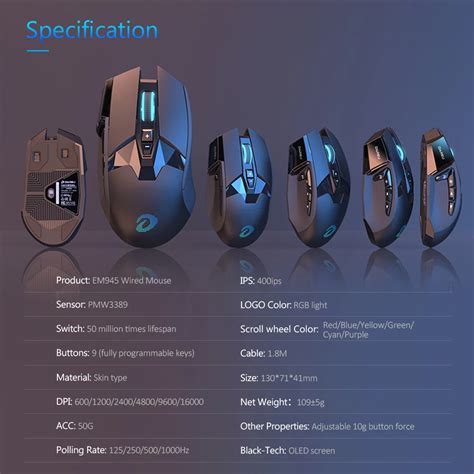 Купить DAREU EM945 PMW3389 сенсорная игровая мышь 16000 dpi 440IPS KBS ...