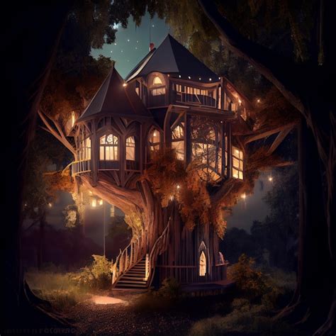 Premium Photo Luxury Tree House In The Forest D Render Illustration