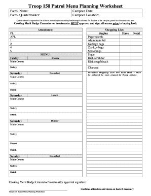 Fillable Online Troop Patrol Menu Planning Worksheet Fax Email