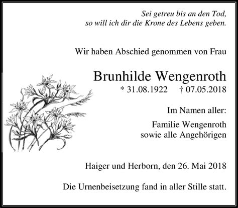 Traueranzeigen Von Brunhilde Wengenroth Vrm Trauer De