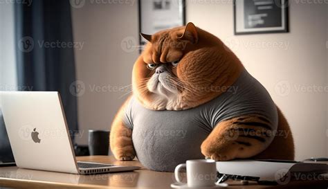 A Fat Cat Is Sitting At The Office Table In Front Of A Computer Sedentary Lifestyle Concept