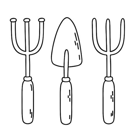 Outils De Jardinage R Teau Fourche Pelle Vector Illustration De Contour